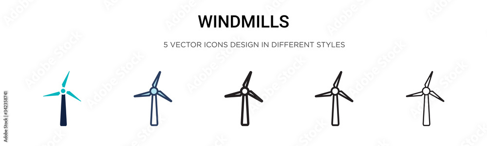 Windmills icon in filled, thin line, outline and stroke style. Vector illustration of two colored and black windmills vector icons designs can be used for mobile, ui, web - obrazy, fototapety, plakaty 