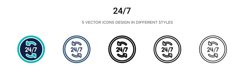 Poster - 24/7 icon in filled, thin line, outline and stroke style. vector illustration of two colored and bla