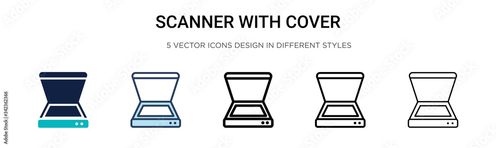 Scanner with cover icon in filled, thin line, outline and stroke style. Vector illustration of two colored and black scanner with cover vector icons designs can be used for mobile, ui, web - obrazy, fototapety, plakaty 