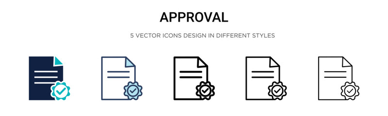 Approval icon in filled, thin line, outline and stroke style. Vector illustration of two colored and black approval vector icons designs can be used for mobile, ui, web