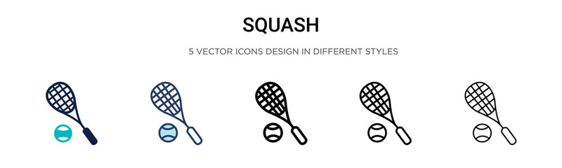 Squash icon in filled, thin line, outline and stroke style. Vector illustration of two colored and black squash vector icons designs can be used for mobile, ui, web