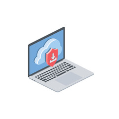 Poster - Secure cloud shield download laptop screen. Vector 3d isometric, color web icon, new flat style. Creative illustration design, isolated graphic idea for infographics.