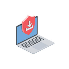 Poster - Secure download laptop. Vector 3d isometric, color web icon, new flat style. Creative illustration design, isolated graphic idea for infographics.