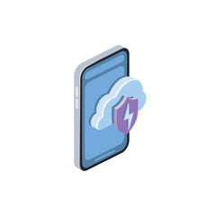 Poster - Smartphone cloud shield security lightning energy. Vector 3d isometric, color web icon, new flat style. Creative illustration design, isolated graphic idea for infographics.