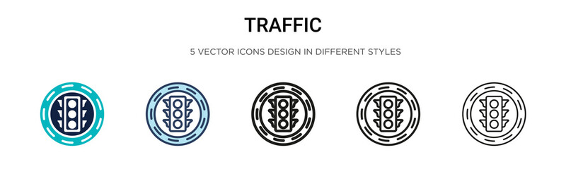 Poster - Traffic signal icon in filled, thin line, outline and stroke style. Vector illustration of two colored and black traffic signal vector icons designs can be used for mobile, ui, web