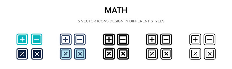 Math icon in filled, thin line, outline and stroke style. Vector illustration of two colored and black math vector icons designs can be used for mobile, ui, web