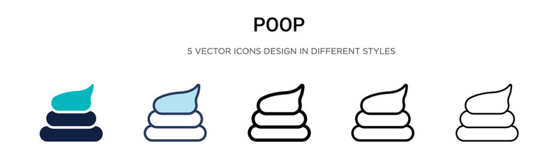 Poop icon in filled, thin line, outline and stroke style. Vector illustration of two colored and black poop vector icons designs can be used for mobile, ui, web