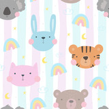 Seamless pattern with cute little bunny, koala, tiger, cat. vector illustration. Vector print with rabbit, koala, tiger, cat,