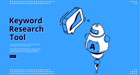 Poster - keyword research tool banner with isometric chart on blue background. vector landing page of seo opt