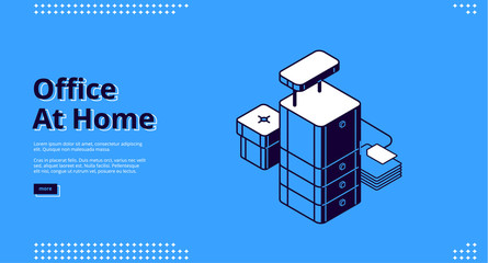 Wall Mural - Office at home isometric landing page. Workplace with drawer cabinet and couch on blue background, working equipment for businessman, analyst, freelancer, 3d vector illustration, line art web banner