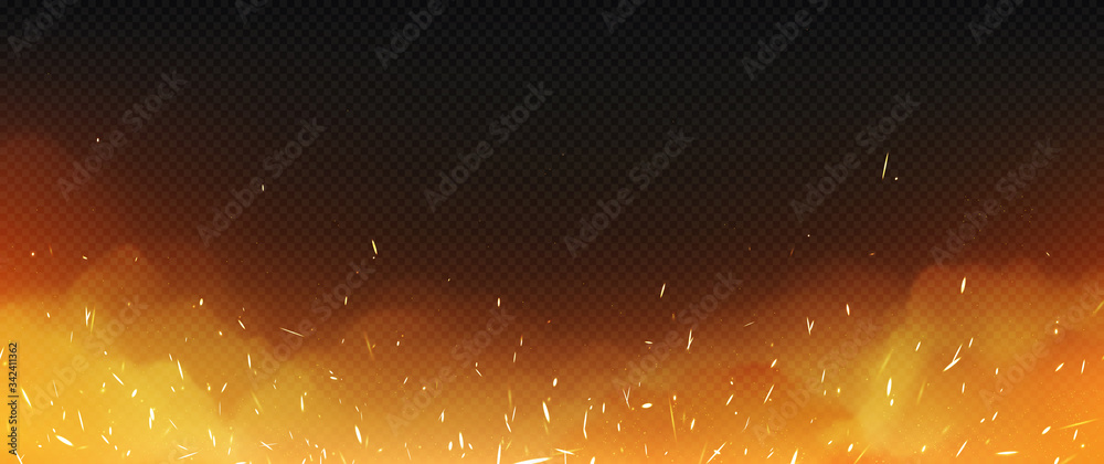 Realistic fire with smoke and weld sparks, flame isolated on transparent background. Burning campfire, blaze effect, glow orange and yellow shining flare with steam, 3d vectorframe, border - obrazy, fototapety, plakaty 