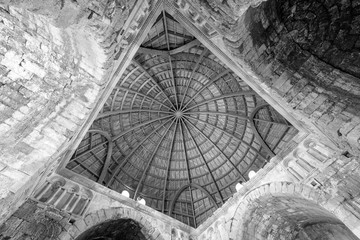 Temple of Hercules and the Ummayad Palace,interior shot of wood dome, black and white