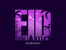 Night View With Crescent Moon And Muslim People Silhouette Inside Eid Text, Islamic Festival Eid Mubarak Concept On Purple Background.