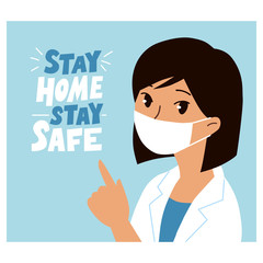 Asian woman doctor wearing mask with STAY HOME message. Cartoon female character. Coronavirus Covid-19, quarantine motivational poster. Vector design for social media, prints, banners.