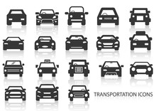 Solid Icons Set, Transportation, Black Car Front And Shadow, Vector Illustrations