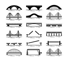 Set Of Bridge Black Silhouette Icons Isolated On White Background. Different Types Of Bridges. Various Constructions Of Bridges. Vector Illustration.