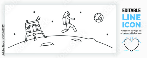 Fotografía Editable line icon of space exploration with a spaceshuttle on the moon and eart
