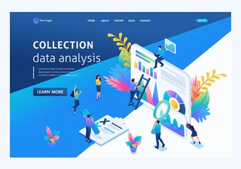 Aufkleber - Isometric concept young entrepreneurs, data collection, data analysis. Landing page concepts and web design