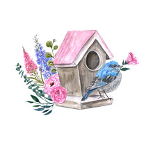 Watercolor Spring Bird Sitting On A Birdhouse Illustration. Holiday Card With Hand Painted Cute Blue Bird, Pink Flowers And Green Leaves,isolated On White Background. Shabby Chic Country Style