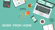 © ST.art - work from home concept on top view, freelance workplace with laptop computer, smartphone, pen, pencil, calculator, documents, and coffee, remote working, new normal, vector flat illustration