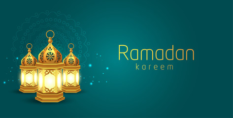 Islamic Holy Month, Ramadan banner decorated with glowing lamps and beautiful floral background design.