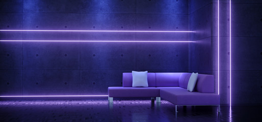 Neon Laser Glowing Purple Blue Dance Club Sofa Couch  Synth Cyber Music Show Event Concrete Rough Grunge Wall Glossy Floor Background Retro Modern 3D Rendering