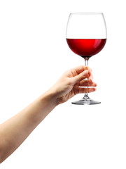 Wall Mural - Woman hand holding red wine glass isolated on white.