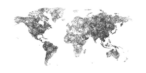 world map with countries borders with dots and lines. plexus world map isolated on white background.