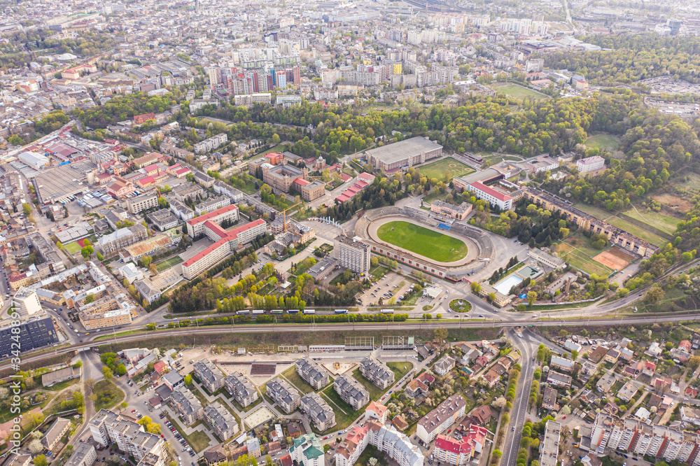 Aerial view on Army Sports Club Stadium (SKA Stadium) in Lviv, Ukraine from drone - obrazy, fototapety, plakaty 