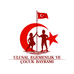 April 23 Turkish national ataturk festival banner cocuk baryrami 23 nisan, tr: April 23 Turkish National Sovereignty and Children's Day, friendship kids silhouette with Turkey flag isolated on white