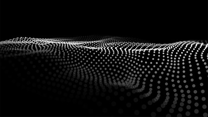 Fototapete - Big data visualization 3D. Abstract wave of dots on dark background.Digital landscape with flowing particles. Vector illustration.