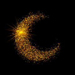 Crescent golden glitter moon on shiny black background for holy month of Muslim community Ramadan Kareem. Eid Mubarak glitter holiday design with glowing lights. Luxury gold crescent with confetti.