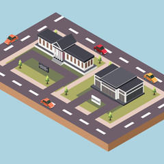 Wall Mural - Isometric Vector Illustration Representing a Mayor Governor and Court House Building Surrounded by Roads and Cars in a Town