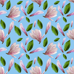 Sticker - Seamless pattern with blooming magnolia flowers and leaves. Watercolor illustration. Pattern on isolated light blue background for your design, wrapping paper, fabric, background