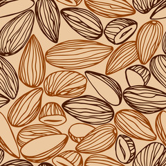 Wall Mural - abstract seamless pattern of a set of almond kernels, for menu design or confectionery, textiles, vector illustration with colored contour lines on a creamy background in doodle & hand drawn style