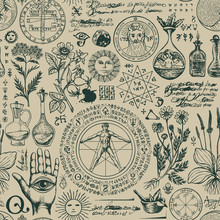 Vector Seamless Pattern On The Theme Of Alchemy And Healing In Retro Style. A Repeatable Background With Hand-drawn Sketches, Unreadable Notes, Various Herbs And Ancient Alchemical Symbols