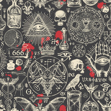 Vector Seamless Pattern On A Theme Of Satanism, Occultism And Freemasonry In Retro Style. Abstract Repeating Illustration With Hand-drawn Sketches And Blood Drops On The Black Background