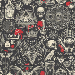 vector seamless pattern on a theme of satanism, occultism and freemasonry in retro style. abstract r