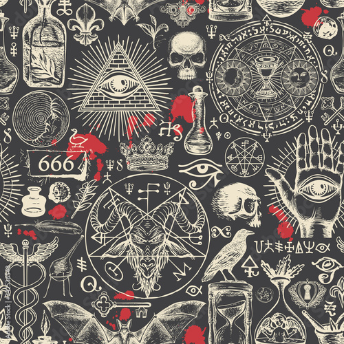 Fotomural Vector seamless pattern on a theme of satanism, occultism and freemasonry in retro style