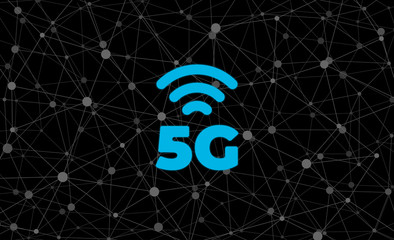 Poster - 5G network connection business symbol on polygonal communication black background. 5th generation wireless internet technology wallpaper. Vector 5 G digital design template illustration