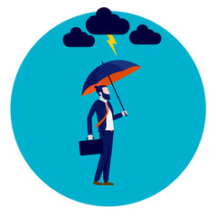 Overcoming adversity - Businessman with umbrella withstanding bad weather. Inspirational and motivational concept to get by difficult days. Vector illustration.