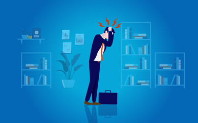 Work migraine - Overworked man standing in office holding his head in pain. Headache, stress, sick and depression concept. Vector illustration.