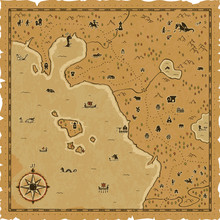 Medieval Fantasy Map On A Parchment Background With A Frame, A Compass, Trees, Mountains, Dwarfs, Elves, A Castle, Towers, Dungeons, A Dragon, Ships, Sea Monsters, Goblins, Orcs, A Unicorn, Etc.
