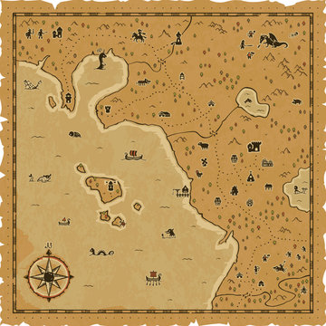 Medieval fantasy map on a parchment background with a frame, a compass, trees, mountains, dwarfs, elves, a castle, towers, dungeons, a dragon, ships, sea monsters, goblins, orcs, a unicorn, etc.
