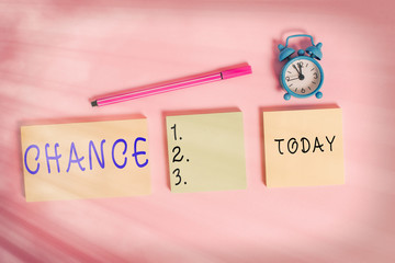 Word writing text Chance. Business photo showcasing another opportunity to achieve or acquire something you want Three multicolor blank notepads alarm clock marker colored background