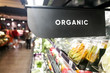 Organic produce vegetable fruits aisle with signage word in supermarket