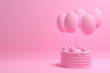 Monochrome pink image with a birthday cake and balloons on a solid background. 3D illustration