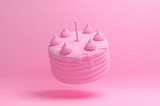 Fototapeta Przestrzenne - Monochrome pink image with a flying birthday cake on a solid background. 3D illustration