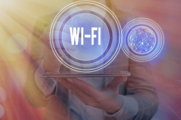 Text sign showing Wi Fi. Business photo showcasing radio technologies commonly used for wireless local area networking Elements of this image furnished by NASA