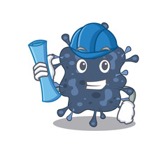 Wall Mural - Cartoon character of bacteria neisseria brainy Architect with blue prints and blue helmet